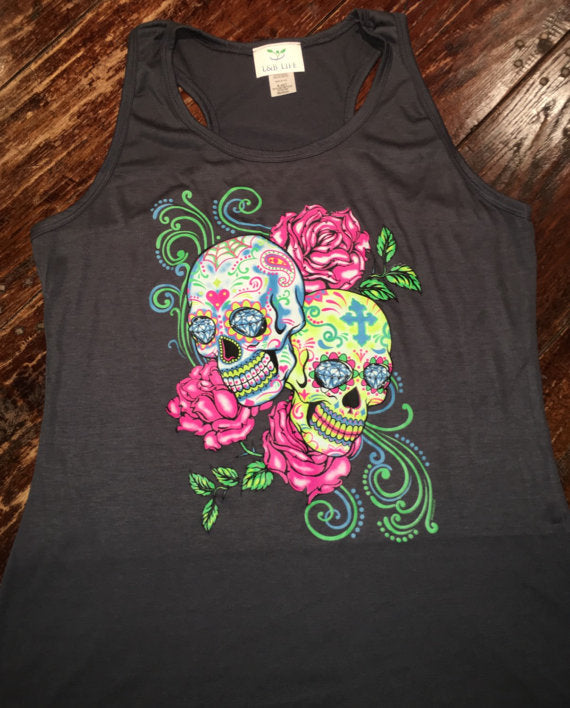 Sugar Skull Tanks-Womens Tanks-Tanks-Womens Clothing