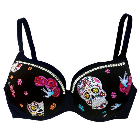 SALE! Sexy Women's Sugar Skull Bra, Flower Skulls Bra, Rose Dove Skulls Print with Rhinestone Bra 32A-46DDD (001)