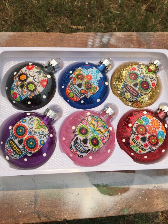 Set of 6 Sugar Skulls Glass Ornaments Multi Color Glitter