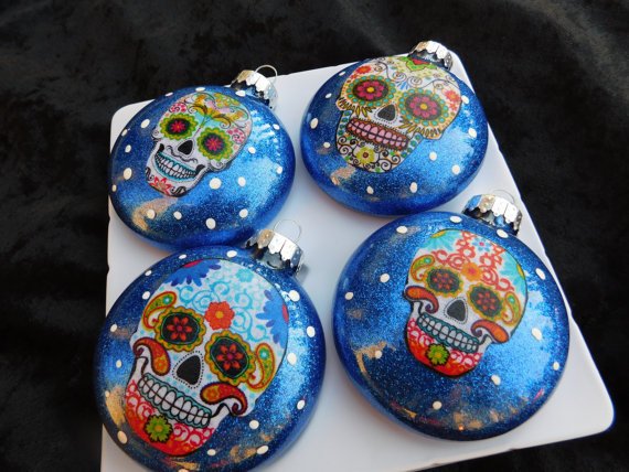 Set of 4 Sugar Skulls Glass Ornaments