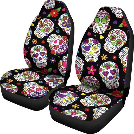 Sugar Skulls Car Seat Covers Pair, 2 Front Car Seat Covers