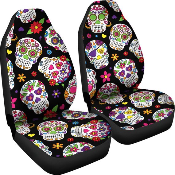 Sugar Skulls Car Seat Covers Pair, 2 Front Car Seat Covers