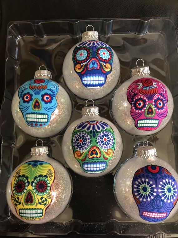 Colorful Sugar Skulls Glass Ornaments Set of 6