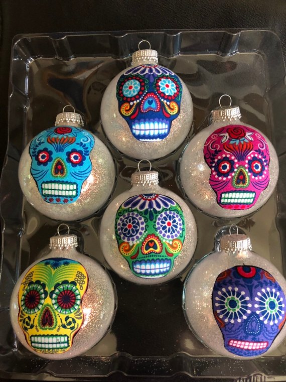 Colorful Sugar Skulls Glass Ornaments Set of 6