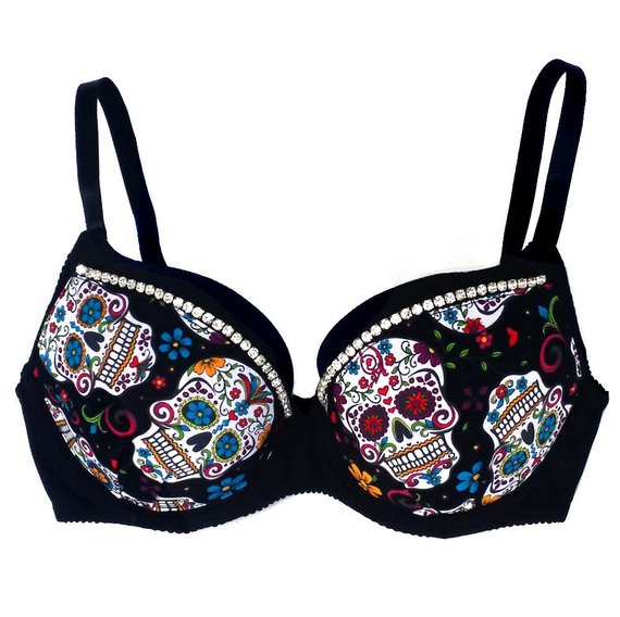 Sexy Women's Sugar Skull Bra, Flower Skulls Bra, Aztecs Skulls with Rh   Awesome Skulls
