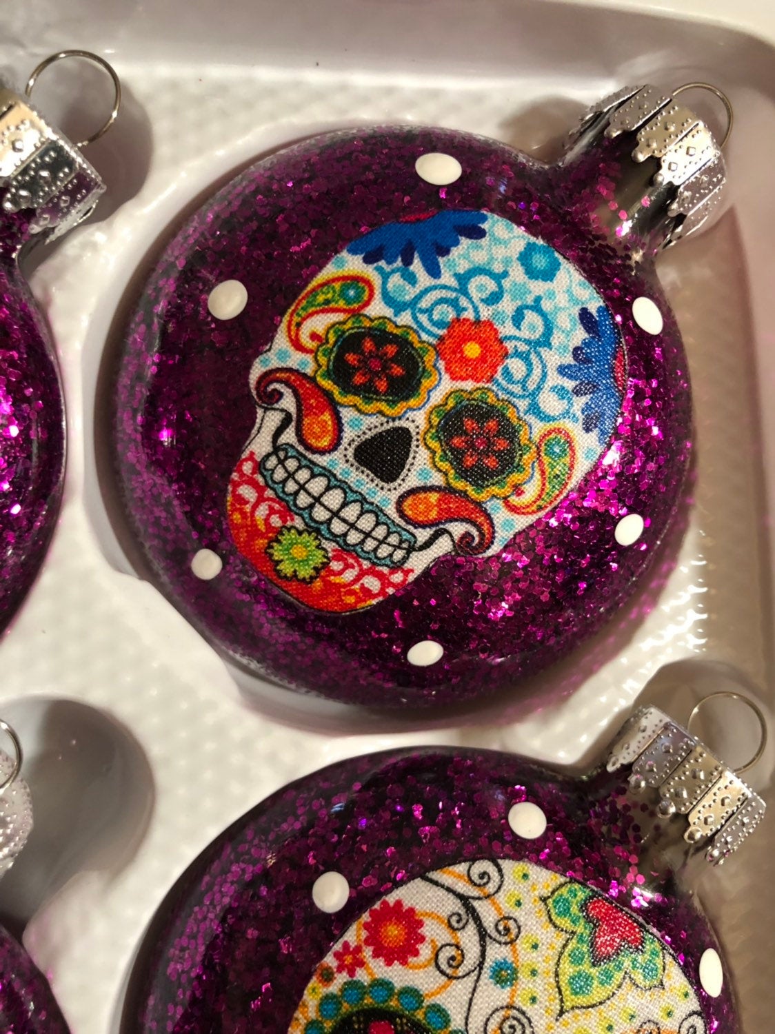 Sugar Skulls Glass Ornaments Set of 6 Purple