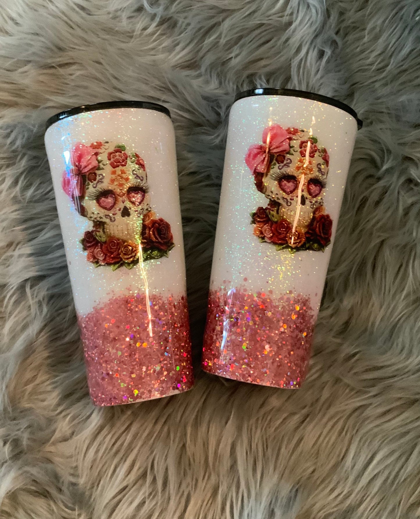 Sugar Skull Glitter Tumbler (1100ml) & Gift 2 Straws + clearing brush + bag