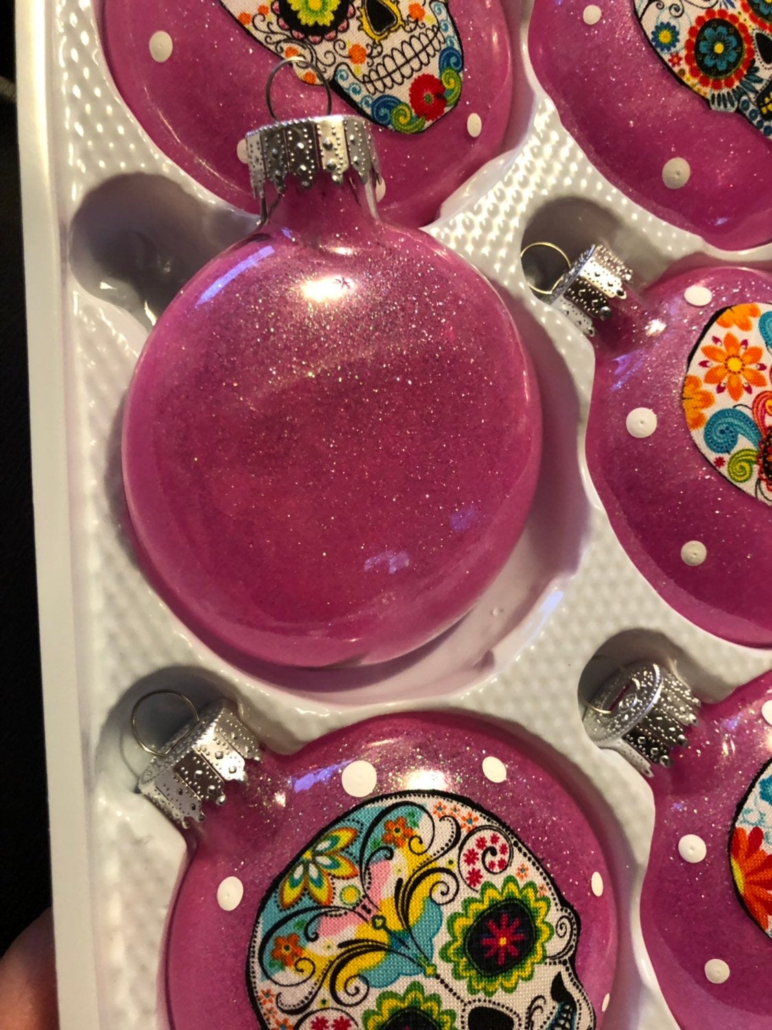 Sugar Skulls Glass Ornaments Set of 6 Hot Pink