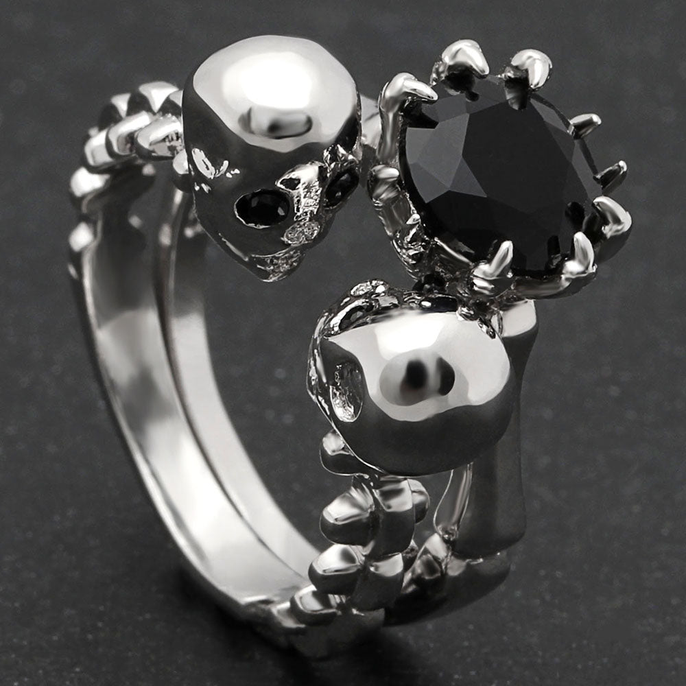 Men's double Skull Ring sets Rhodium Plated Princess cut 6mm Black Zircon Women's Wedding Ring Punk Jewelry Size 6-10