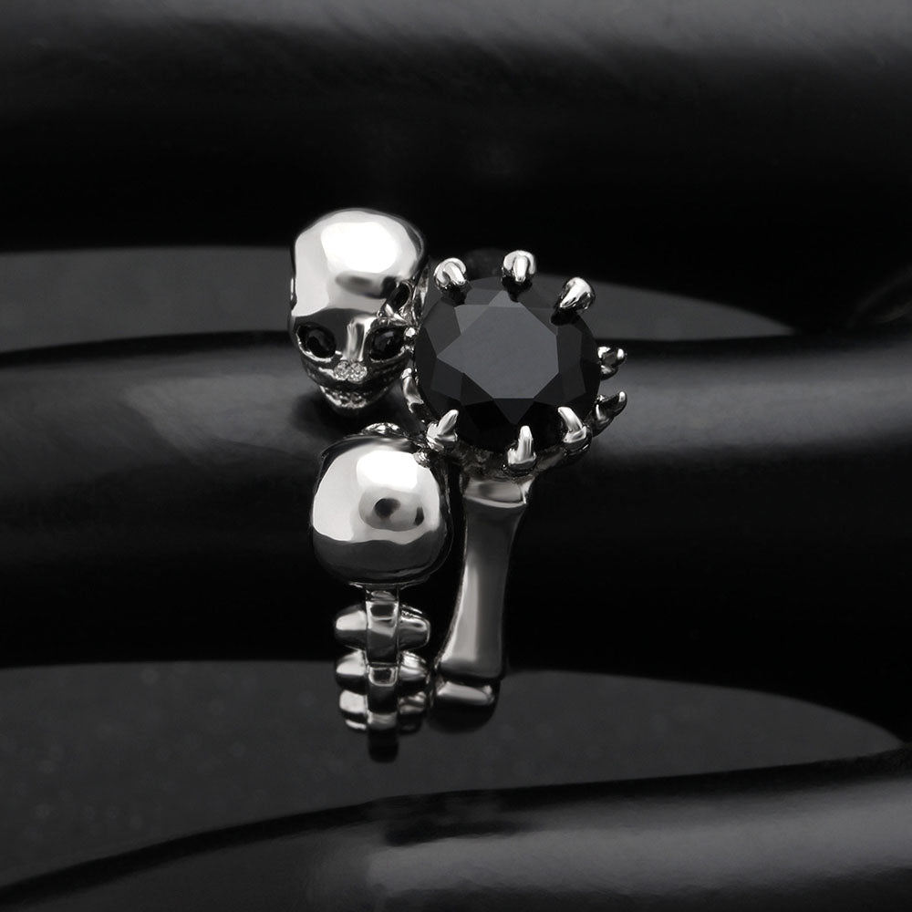 Men's double Skull Ring sets Rhodium Plated Princess cut 6mm Black Zircon Women's Wedding Ring Punk Jewelry Size 6-10