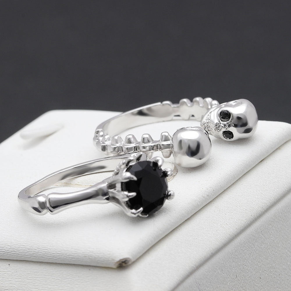 Men's double Skull Ring sets Rhodium Plated Princess cut 6mm Black Zircon Women's Wedding Ring Punk Jewelry Size 6-10