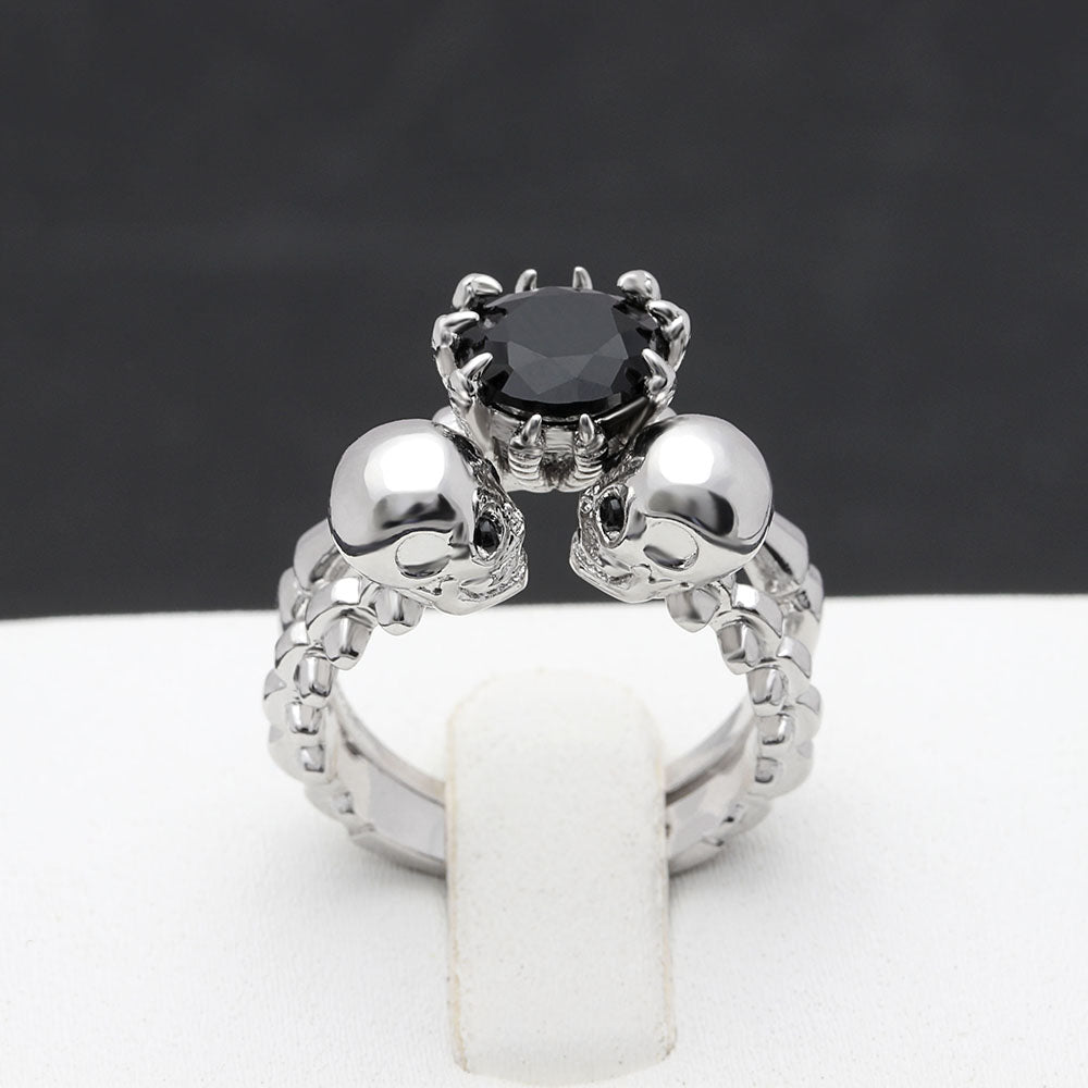 Men's double Skull Ring sets Rhodium Plated Princess cut 6mm Black Zircon Women's Wedding Ring Punk Jewelry Size 6-10