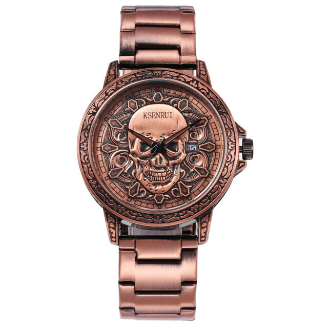 Fashion 3D SKULL Men Watches Top Brand Luxury Retro Leather Casual Quartz Wrist Watches Date Clock