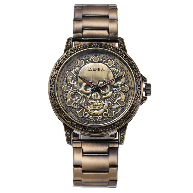 Fashion 3D SKULL Men Watches Top Brand Luxury Retro Leather Casual Quartz Wrist Watches Date Clock