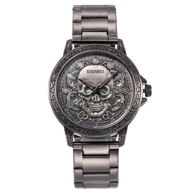 Fashion 3D SKULL Men Watches Top Brand Luxury Retro Leather Casual Quartz Wrist Watches Date Clock