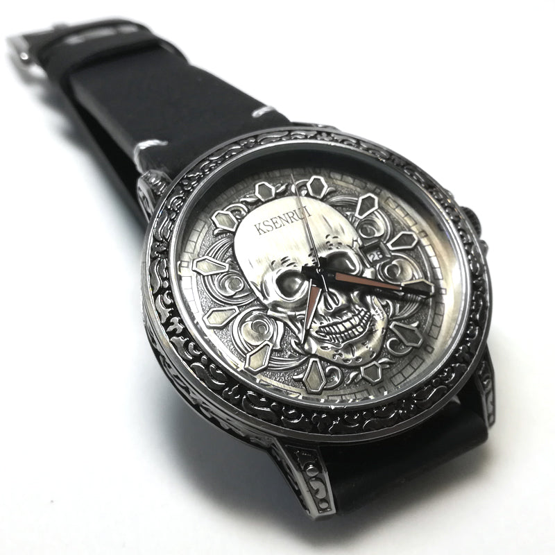 Fashion 3D SKULL Men Watches Top Brand Luxury Retro Leather Casual Quartz Wrist Watches Date Clock