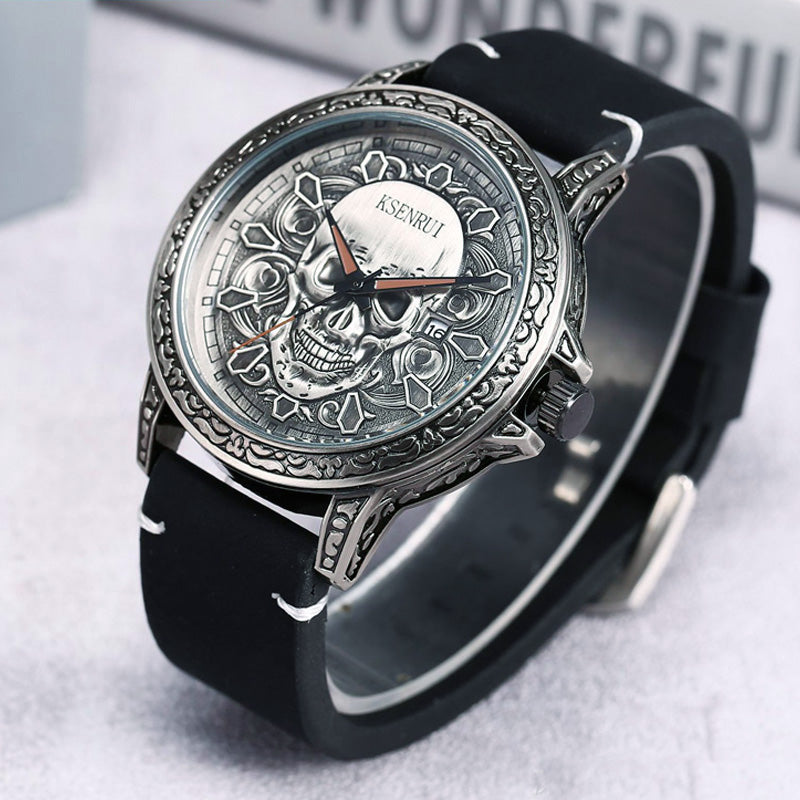 Fashion 3D SKULL Men Watches Top Brand Luxury Retro Leather Casual Quartz Wrist Watches Date Clock