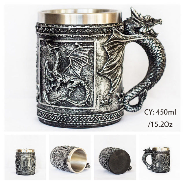 Silver Skull Dragon Resin Stainless Steel Beer Mug 450ml Coffee Cup Retro Tankard Creative Viking Tea Mug Pub Bar Decoration