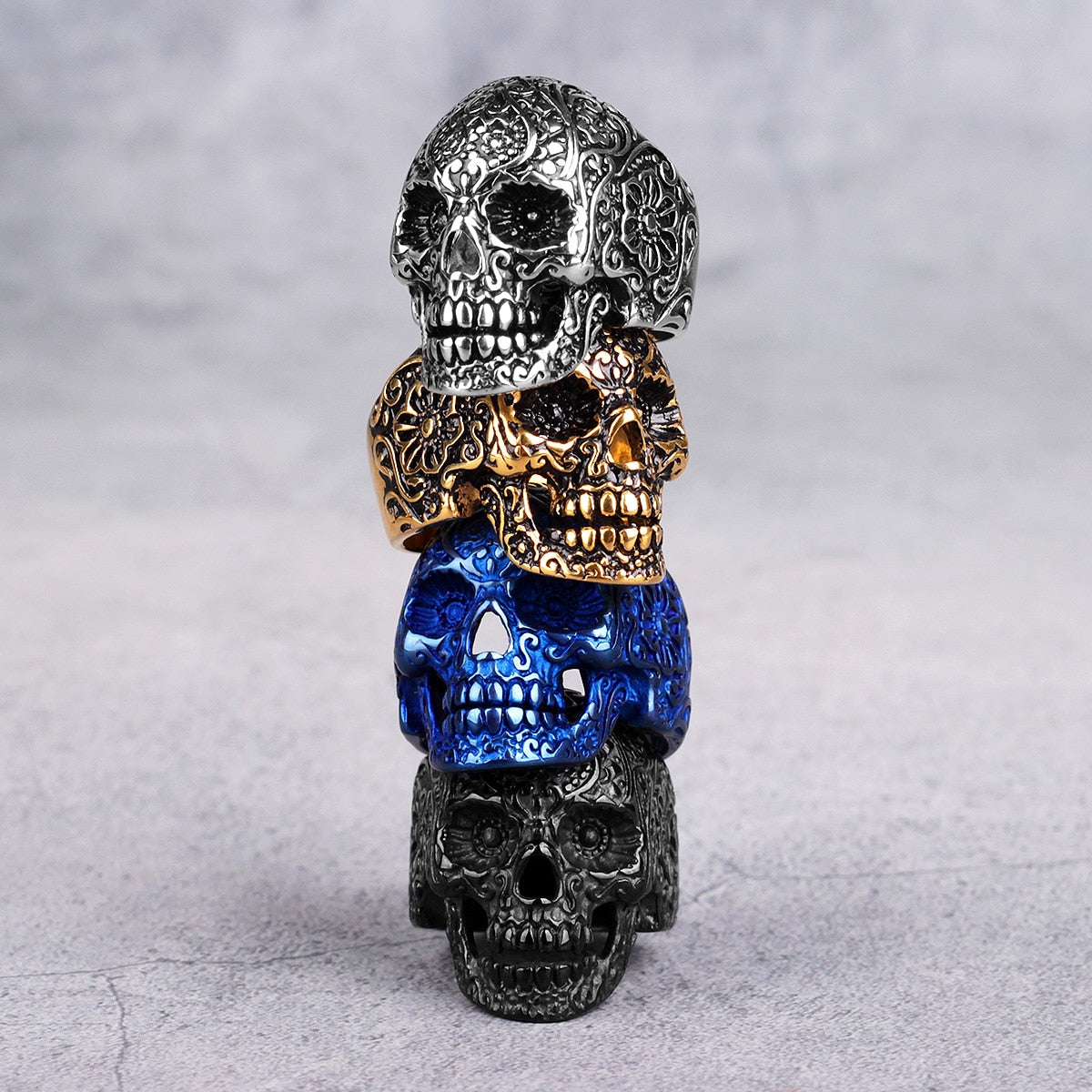 Stainless Steel Gothic Skull Bones Men Rings Vintage Carving Domineering Gothic Rock