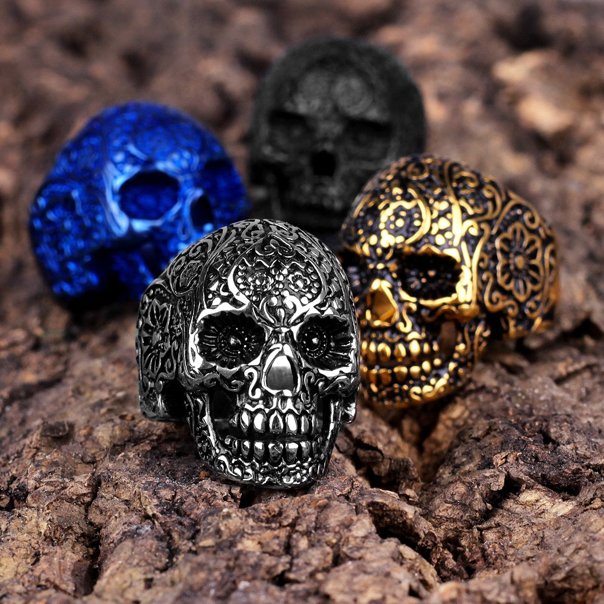Stainless Steel Gothic Skull Bones Men Rings Vintage Carving Domineering Gothic Rock