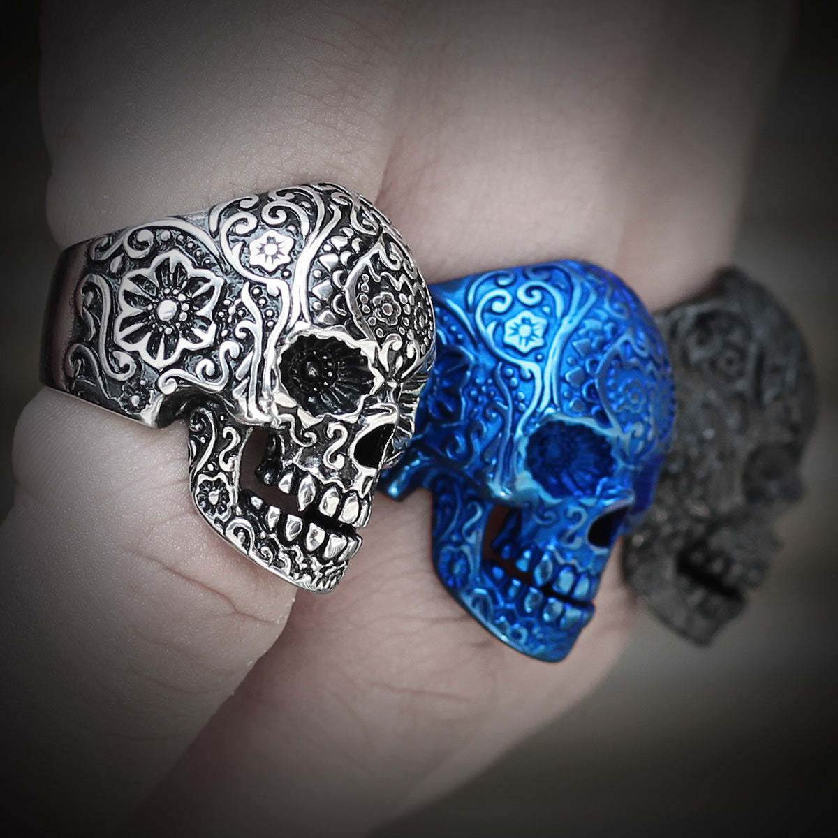 Stainless Steel Gothic Skull Bones Men Rings Vintage Carving Domineering Gothic Rock