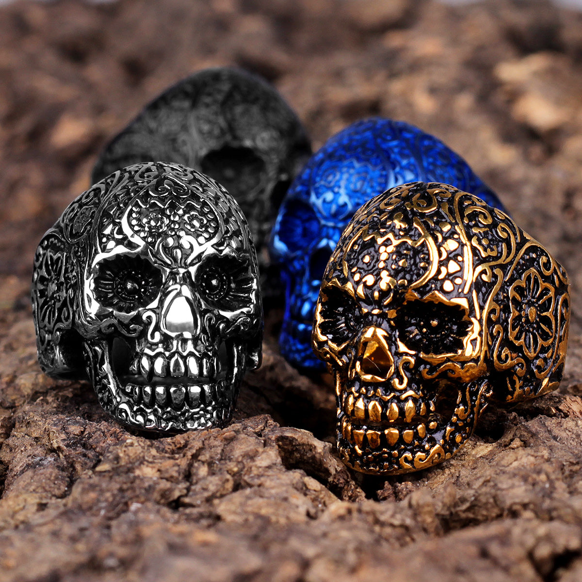 Stainless Steel Gothic Skull Bones Men Rings Vintage Carving Domineering Gothic Rock