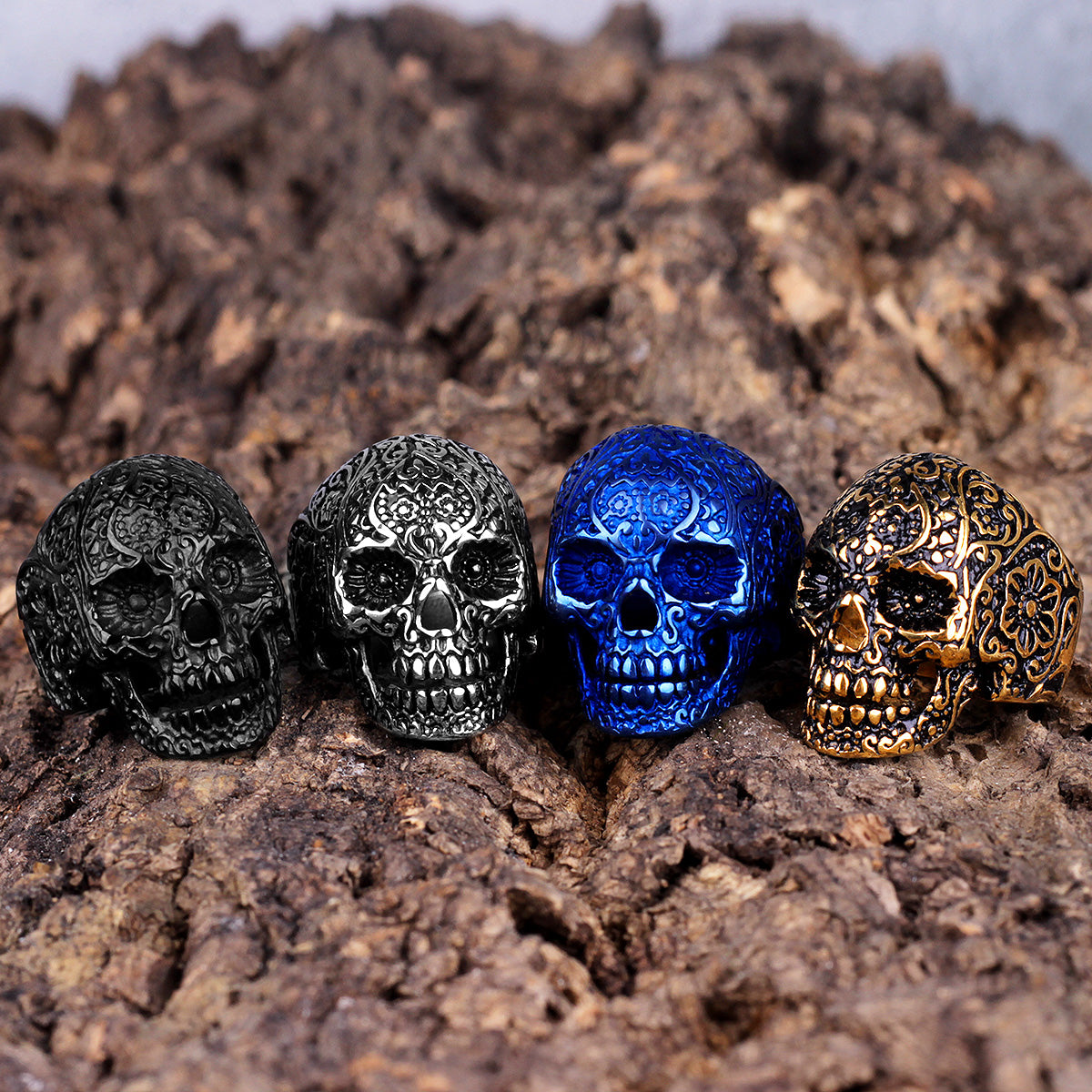Stainless Steel Gothic Skull Bones Men Rings Vintage Carving Domineering Gothic Rock