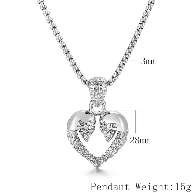 Goth Heart Skull Pendant Necklace For Men Stainless Steel 316L Halloween Couple Gift