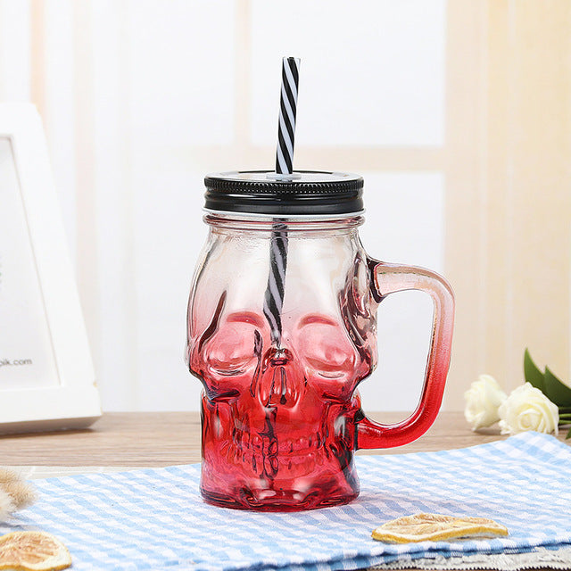 Skull Glass Mason Jar Mug Tumbler Cup With Lids And Straw Skull Face Glass Wide Mouth Mason Jar Drinking Glasses Single jar 16oz