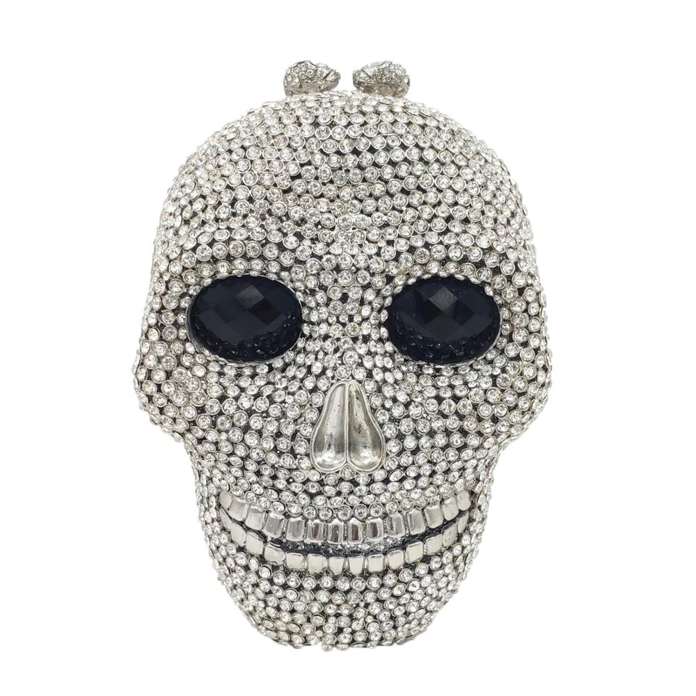 Boutique Halloween Novelty Funny Skull Clutch Women Silver Bags Party Crystal Purses and Handbags