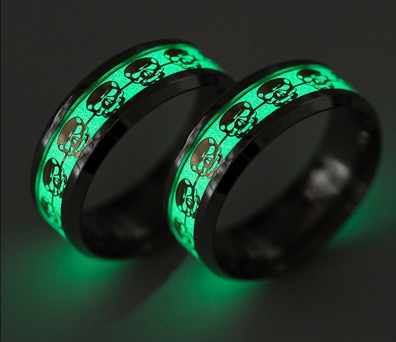 Stainless Steel Punk Skull Luminous Rings for Women Men Fluorescent Glowing Inlay Skeleton Jewelry