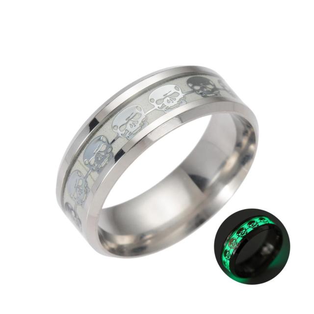 Stainless Steel Punk Skull Luminous Rings for Women Men Fluorescent Glowing Inlay Skeleton Jewelry