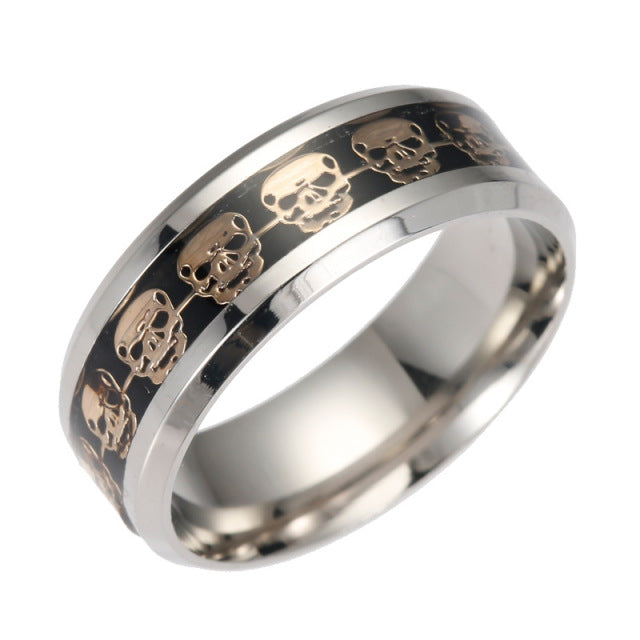 Stainless Steel Punk Skull Luminous Rings for Women Men Fluorescent Glowing Inlay Skeleton Jewelry