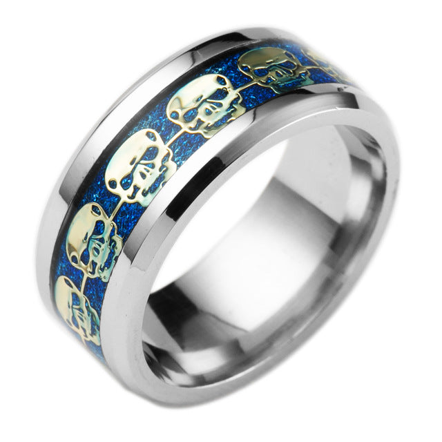 Stainless Steel Punk Skull Luminous Rings for Women Men Fluorescent Glowing Inlay Skeleton Jewelry