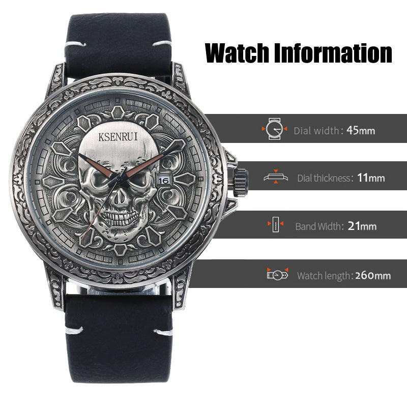 Fashion 3D SKULL Men Watches Top Brand Luxury Retro Leather Casual Quartz Wrist Watches Date Clock