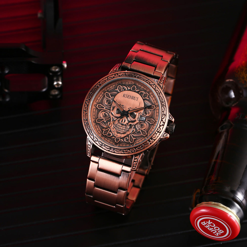 Fashion 3D SKULL Men Watches Top Brand Luxury Retro Leather Casual Quartz Wrist Watches Date Clock