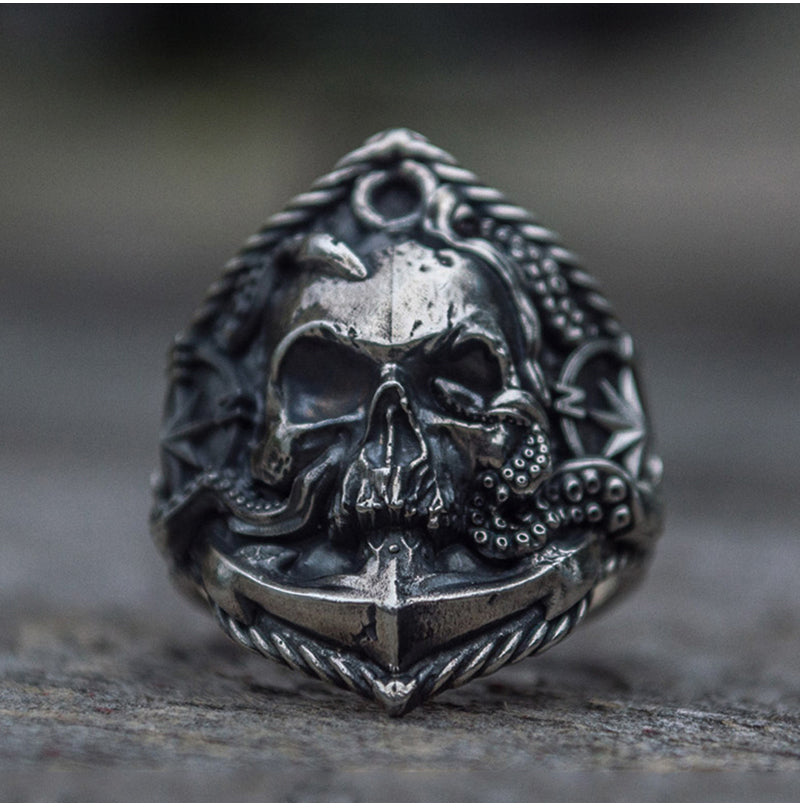 Gothic Skull Ring Unique Octopus Anchor Adsorption Compass Skull Biker Ring