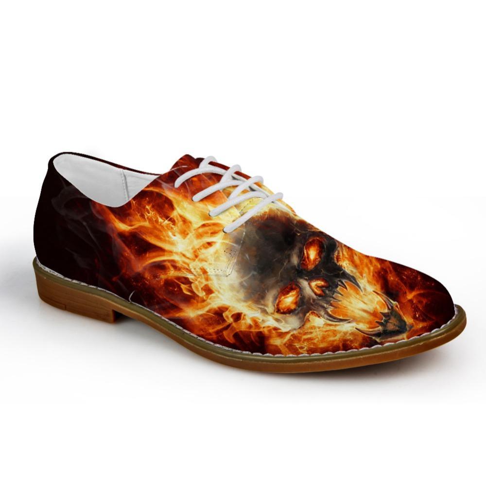 Fashion Men's Casual Leather Shoes Cool Fire Skull Printed Lace-up Flats