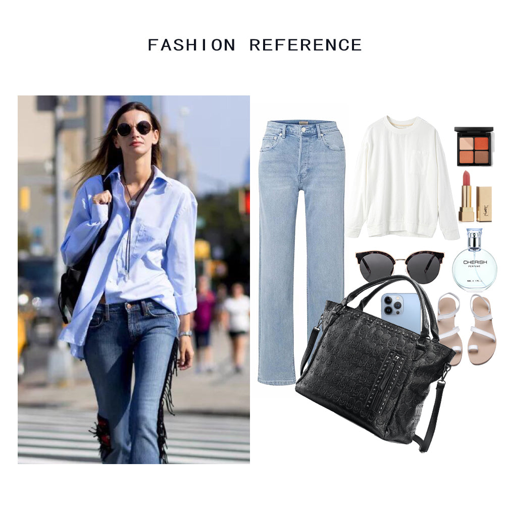 Women Large Capacity Bags Pu Leather Black Handbag Punk Skull Tote Bag