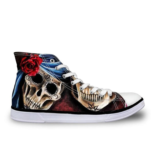Classic Women High Top Canvas Shoes Vintage Punk Skull Casual Lace-up Shoes