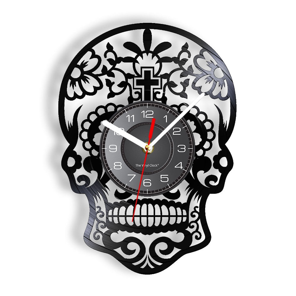 Dead Floral Sugar Skull Music Album Vinyl Record Wall Clock Traditional Day Of Dia De Los Muertos Calavera Home Decor Watch