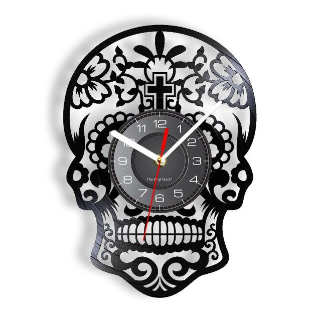 Dead Floral Sugar Skull Music Album Vinyl Record Wall Clock Traditional Day Of Dia De Los Muertos Calavera Home Decor Watch