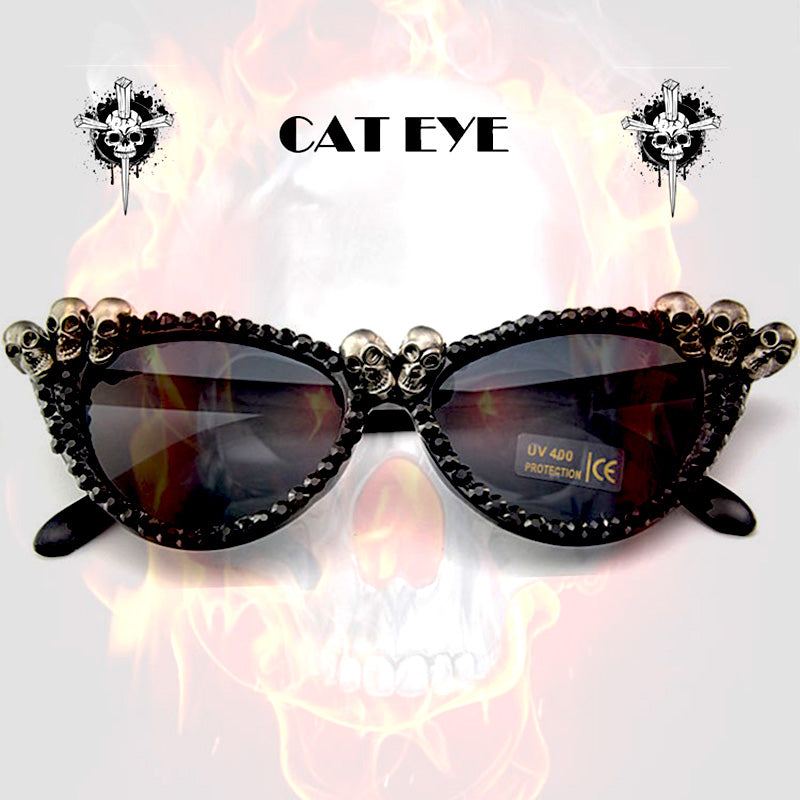 Gothic Skull Sunglasses Halloween Christmas Cat Eye Crystal Punk Sun Glasses
