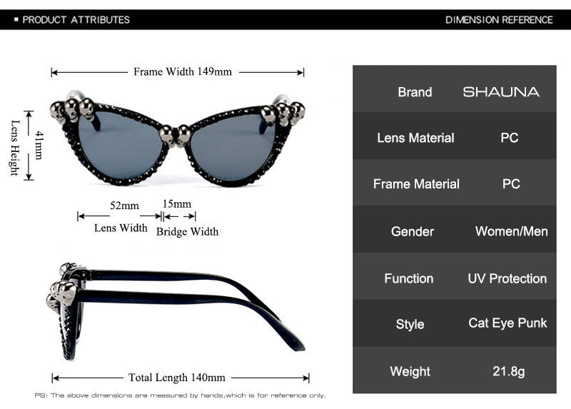 Gothic Skull Sunglasses Halloween Christmas Cat Eye Crystal Punk Sun Glasses