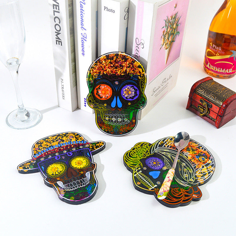 4Pcs/set DIY Skull  Shaped Coaster  Epoxy Resin Mold Tableware Wall Decor Silicone Mold