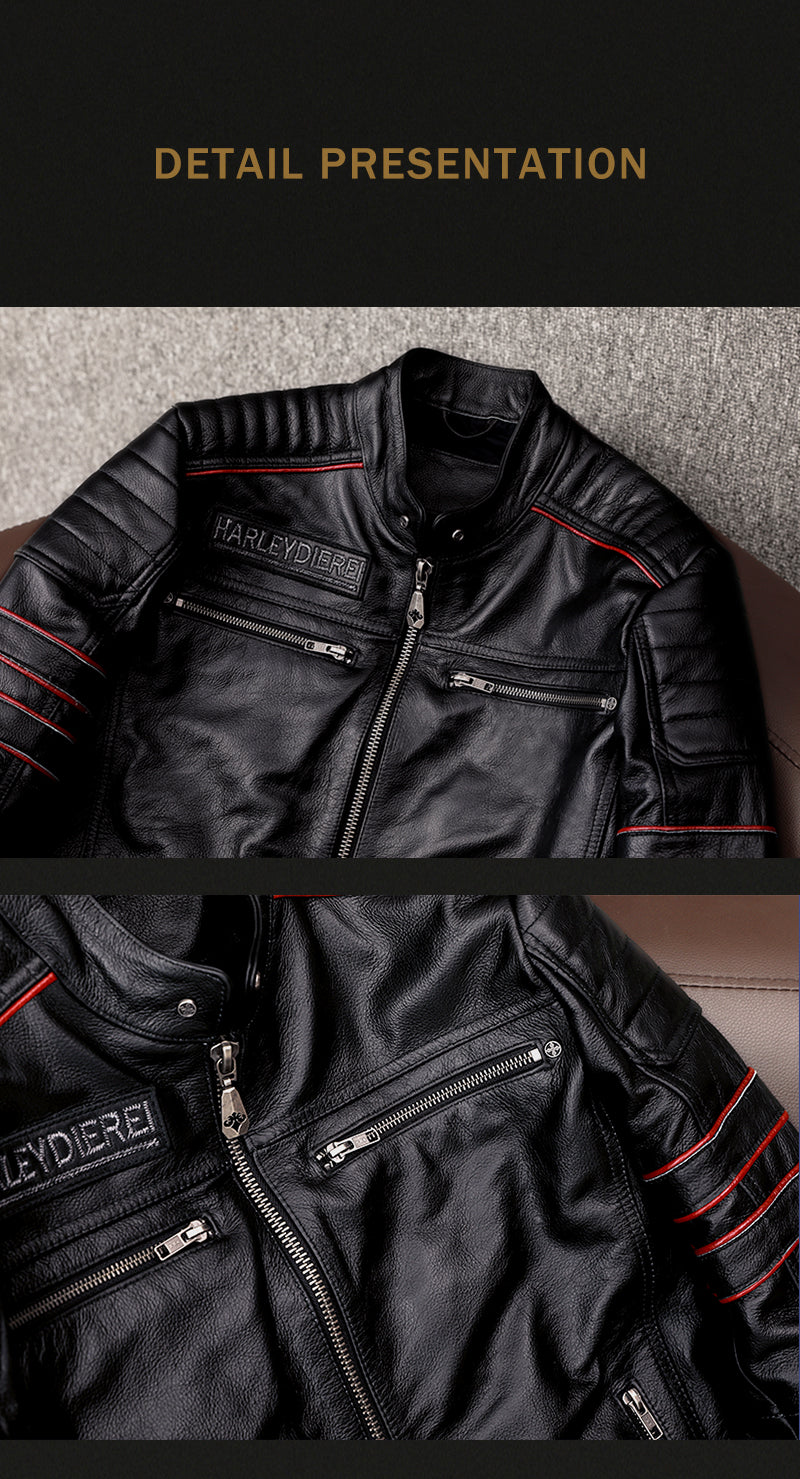 Original Leather Motorcycle Jacket Skull Embroidery Top Layer Cowhide Clothing Slim Fit Black Slim Male Coat