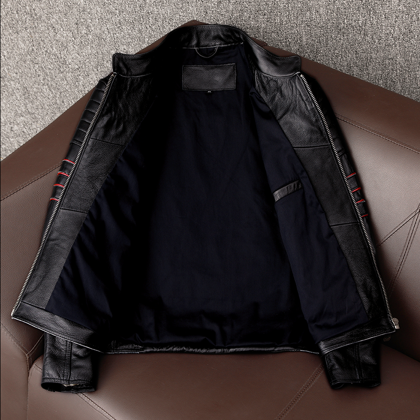 Spring Original Leather Motorcycle Jacket Skull Embroidery Top Layer Cowhide Clothing Slim Fit Black Slim Coat