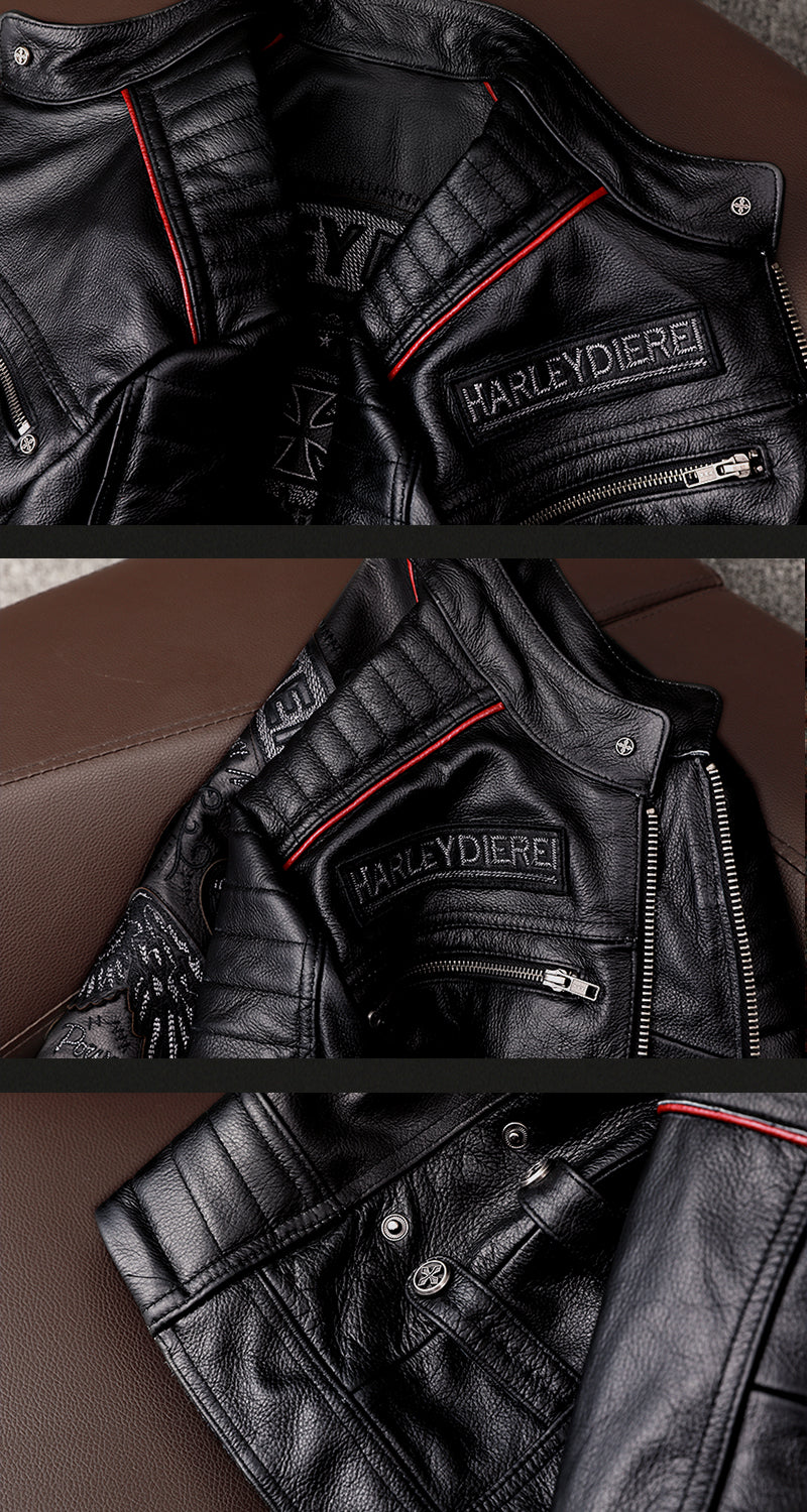 Spring Original Leather Motorcycle Jacket Skull Embroidery Top Layer Cowhide Clothing Slim Fit Black Slim Coat