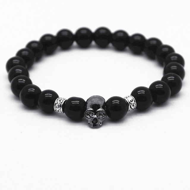 Black Beads Natural Stones Skull Bracelet For Women Lava Stone Beads