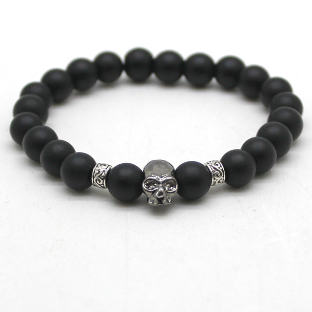 Black Beads Natural Stones Skull Bracelet For Women Lava Stone Beads
